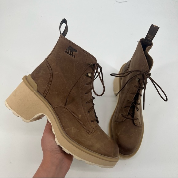 Sorel Hi-Line Lace Up Block Heel Platform Brown Leather Boots Umber Ceramic 9.5 - Picture 3 of 11